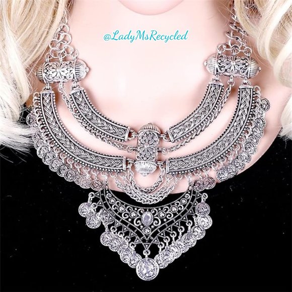 Chunky Silver-tone Statement Coin Necklace & Earrings Boho Belly Dance NEW! - Picture 3 of 10